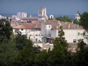 Nîmes - Blick auf den Glockenturm der Kathedrale Notre-Dame und Saint-Castor, die Häuser und Gebäude der Stadt, Bäume vorne
