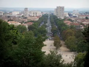 Nîmes - Vom Garten Fontaine aus, Blick auf die Häuser, die Gebäude und die in einer Reihe stehenden Bäume der Stadt