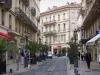 Nîmes - Shopping strada fiancheggiata da vasi di palme, negozi ed edifici