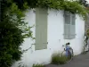 Noirmoutier island - Noirmoutier-en-l'Île: white house decorated with wisteria (creeper) and cycle (bicycle) against the facade