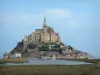 Guide of Normandy - Mont-Saint-Michel - Rocky island of the Mont-Saint-Michel with the abbey church and the abbatial buildings of the Benedictine abbey, houses and ramparts of the medieval town (village), and salty meadows