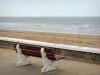 Notre-Dame-de-Monts - Station balnéaire : banc de la promenade avec vue sur la plage de sable et la mer (océan Atlantique)