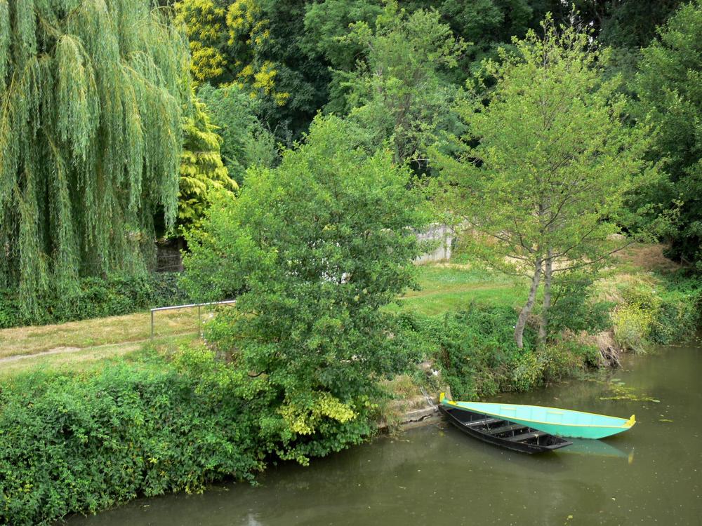 Guide de Nouvelle-Aquitaine - Paysages des Deux-Sèvres - Sèvre niortaise (fleuve côtier), barques amarrées, et rive plantée d'arbres ; dans le Marais poitevin (marais mouillé)