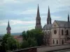 Obernai - Igreja de São Pedro e São Paulo, árvores, telhados de casas e campanários (Kapellturm)