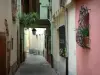 Obernai - Rua estreita forrada com casas com fachadas coloridas