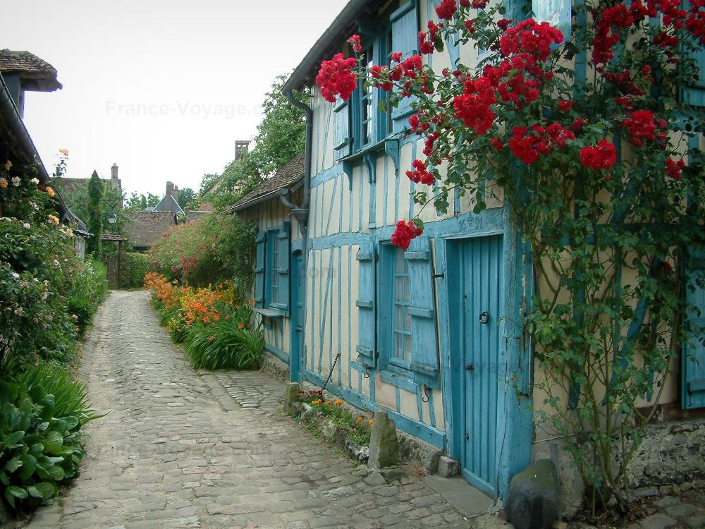 Guide de l'Oise - Gerberoy - Maison bleue et son rosier grimpant (roses rouges), ruelle pavée bordée de fleurs et de plantes