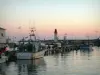 Oléron岛 - Port deLaCotinière：拖网渔船（船）渔港，灯塔，满载飞行的鸟和粉红色的天空