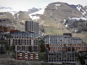 Orcières-Merlette - Orcières 1850: buildings of the ski resort (winter and summer sports resort) and mountain; in Champsaur