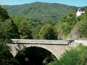 Orlu-Tal - Tal des Oriège: Brücke überspannend den Fluss Oriège, Bäume, Haus und Wald