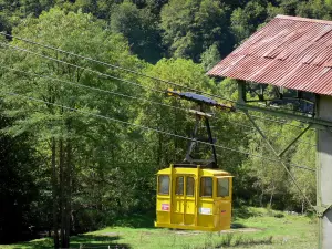 Orlu-Tal - Tal des Oriège: Seilbahn EDF (französische Elektrizitätsgesellschaft) und Bäume des Weilers Forges d'Orlu