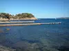 Paesaggi del litorale della Costa Azzurra  - Mediterraneo, molo e spiaggia con pino (albero)