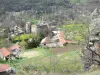 Paisagens do Haute-Loire - Vista do castelo medieval e as casas da aldeia de Saint-Vidal em um ambiente arborizado