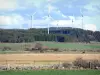 Paisagens do Haute-Loire - Turbinas eólicas dominando florestas e pastagens
