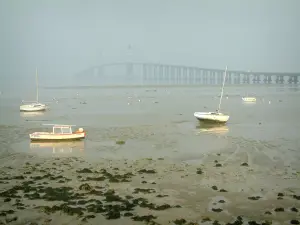 Paisagens do litoral Loire-Atlantique - Barcos na maré baixa, algas e ponte de Saint-Nazaire