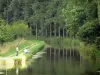Paisagens do Sena e Marne - Canal Ourcq, pescadores no caminho de sirga e árvores à beira da água