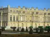 Parc du château de Versailles - Façade du château et parterre du Midi (parterres, arbustes taillés et bassin)