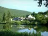 Parc Naturel Régional des Ardennes - Vallée de la Meuse - Massif ardennais : vue sur les maisons du village d'Anchamps, le fleuve Meuse et la forêt ardennaise