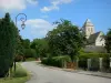 Parc Naturel Régional des Boucles de la Seine Normande - Vallée de la Seine : rue bordée d'arbres, et clocher de l'église romane d'Aizier