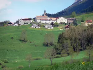 Parc Naturel Régional du Vercors - Massif du Vercors : vue sur le village de Rencurel avec ses maisons et son église, les pâturages et les arbres