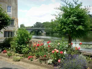 Parcé-sur-Sarthe - Ancien moulin, parterres de fleurs, arbre, et pont enjambant la rivière Sarthe