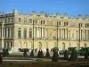 Park van het paleis van Versailles - Gevel van het kasteel en parterre du Midi (parterres, gesnoeide struiken en vijver)