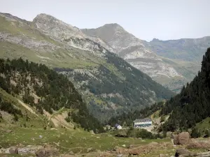 Parque Nacional de los Pirineos - Paisaje durante la subida de Gavarnie: un punto de vista del hotel circo rodeado de pinos y las montañas que bordean el valle de Gavarnie