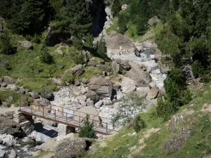 Parque Nacional de los Pirineos - Puente sobre un río, rocas y árboles