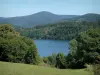 Parque Natural Regional de Haut-Languedoc - Prado, árvores, lago Laouzas e colinas cobertas de florestas
