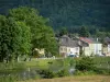 Paysages des Ardennes - Parc Naturel Régional des Ardennes - Vallée de la Semoy : vue sur les façades de maisons du village de Thilay, la rivière Semoy, les arbres au bord de l'eau, et la forêt ardennaise en arrière-plan