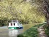 Paysages de l'Aude - Canal du Midi : chemin de halage ombragé de platanes et bateau naviguant sur la voie d'eau
