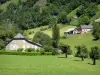 Paysages du Béarn - Maisons en pierre entourées d'arbres et de prés