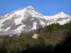 Paysages des Hautes-Alpes - Massif du Dévoluy : maisons entourées d'arbres et montagne parsemée de neige