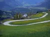 Paysages des Hautes-Alpes - Route en lacet bordée de prairies en fleurs avec vue sur la ville de Guillestre et la place forte de Mont-Dauphin