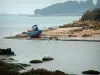 Paysages du littoral de Bretagne - Côtes parsemées d'arbres, rochers, sable, chalutier coloré, mer (la Manche) et oiseaux