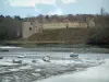 Paysages du littoral de Bretagne - Mer (la Manche) à marée basse avec petits bateaux, ruines d'un château entourées d'arbres