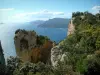 Paysages du littoral de Provence - Montagne recouverte de végétation surplombant la mer méditerranée, côte au loin