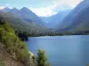 Paysages des Pyrénées - Lac de Génos-Loudenvielle, arbres et montagnes bordant la vallée du Louron