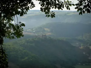 Paysages du Tarn - Branches d'arbre en premier plan avec vue sur le prieuré situé au sommet de la colline (presqu'île) d'Ambialet