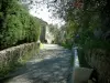 Peillon - Caminho sombreado forrado com fonte e árvores