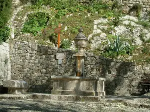 Peillon - Fontana, panca e muro di pietra, cactus in background