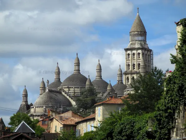 Périgueux - Saint-Front cathedral of Byzantine style, houses of the old town and clouds in the sky