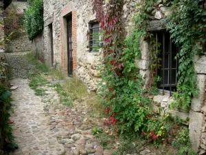 Pérouges - Gepflasterte Gasse gesäumt von Steinhäusern