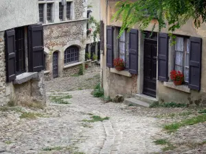 Pérouges - Gepflasterte Gasse und Häuser des mittelalterlichen Ortes