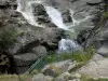 Pont d'Espagne - Site naturel du pont d'Espagne : rambarde d'un point de vue donnant sur une cascade (chute d'eau) ; dans le Parc National des Pyrénées, sur la commune de Cauterets