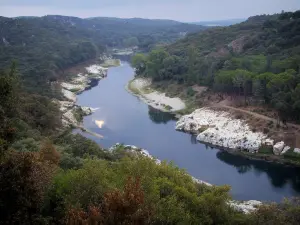 Pont du Gard bridge - View of the River Gardon and its banks planted with trees