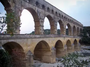 Pont du Gard bridge - Arcades (arches) of the Roman aqueduct (ancient monument); in the town of Vers-Pont-du-Gard