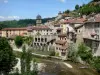 Pont-en-Royans - View of the vell tower of the Saint-Pierre church, clock tower, library hall, houses of the town and banks of the Bourne river (town in the Vercors Regional Nature Park)