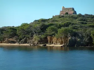 Porquerolles island - The Mediterranean Sea, pine trees, Mediterranean vegetation, and the Grand Langoustier fort
