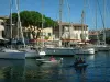 Port-Grimaud - Canal, bateaux naviguant, voiliers amarrés, pin parasol et maisons de la cité lacustre