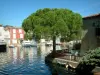 Port-Grimaud - Maison en pierre au bord de l'eau avec une terrasse et un pin (arbre), bateaux amarrés et maisons colorées de la cité lacustre